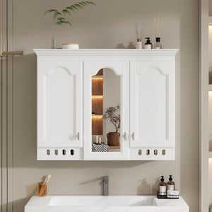 English Elm 35 Inch Carved Openwork Wall Cabinet with Arched Doors and Mirror for Bathroom Bedroom White N710P439545K