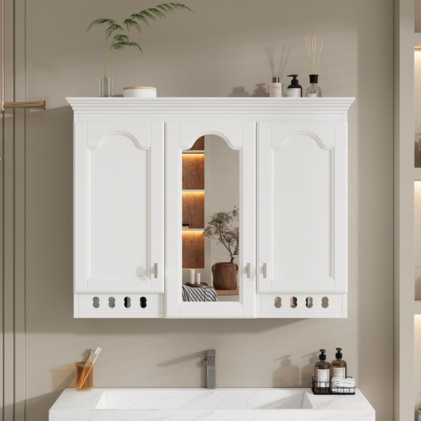 English Elm 35 Inch Carved Openwork Wall Cabinet with Arched Doors and Mirror for Bathroom Bedroom White N710P439545K