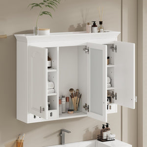 English Elm 35 Inch Carved Openwork Wall Cabinet with Arched Doors and Mirror for Bathroom Bedroom White N710P439545K