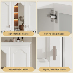 English Elm 35 Inch Carved Openwork Wall Cabinet with Arched Doors and Mirror for Bathroom Bedroom White N710P439545K