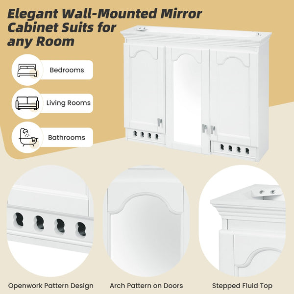 English Elm 35 Inch Carved Openwork Wall Cabinet with Arched Doors and Mirror for Bathroom Bedroom White N710P439545K
