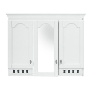English Elm 35 Inch Carved Openwork Wall Cabinet with Arched Doors and Mirror for Bathroom Bedroom White N710P439545K