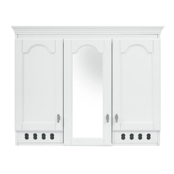 English Elm 35 Inch Carved Openwork Wall Cabinet with Arched Doors and Mirror for Bathroom Bedroom White N710P439545K