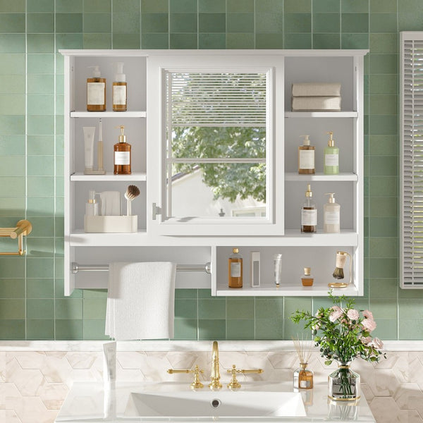 English Elm 35 Inch Wall Mount Mirror Cabinet with Soft Close Hinges and Five Adjustable Shelves N710P439554K