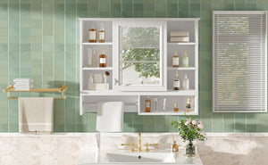 English Elm 35 Inch Wall Mount Mirror Cabinet with Soft Close Hinges and Five Adjustable Shelves N710P439554K