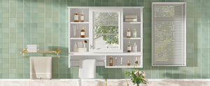English Elm 35 Inch Wall Mount Mirror Cabinet with Soft Close Hinges and Five Adjustable Shelves N710P439554K