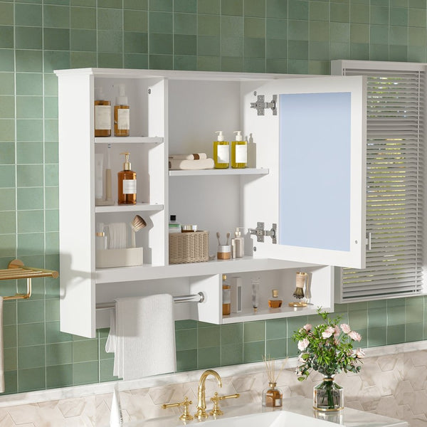English Elm 35 Inch Wall Mount Mirror Cabinet with Soft Close Hinges and Five Adjustable Shelves N710P439554K