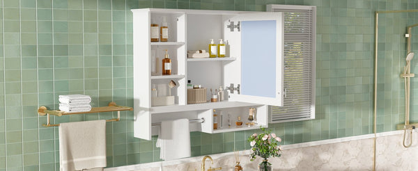 English Elm 35 Inch Wall Mount Mirror Cabinet with Soft Close Hinges and Five Adjustable Shelves N710P439554K
