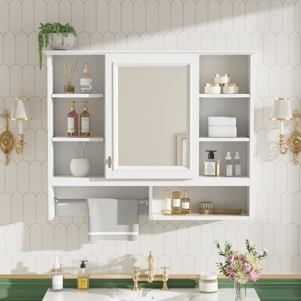English Elm 35 Inch Wall Mount Mirror Cabinet with Soft Close Hinges and Five Adjustable Shelves N710P439554K