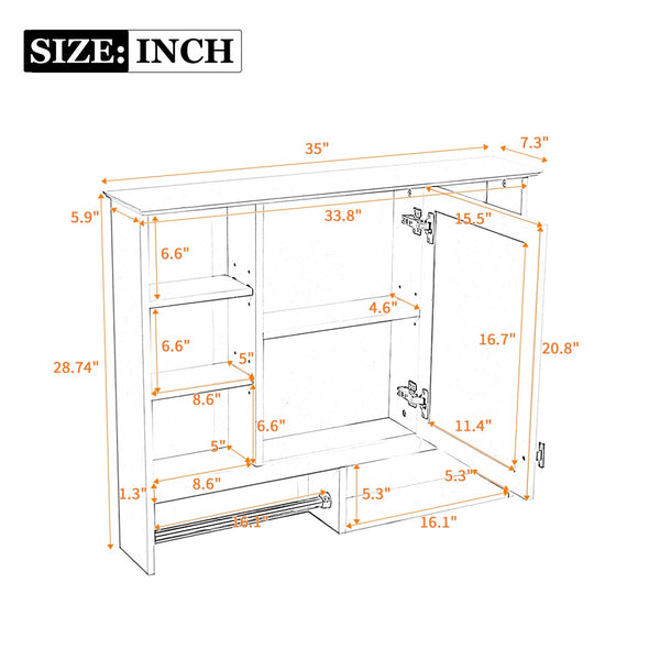 English Elm 35 Inch Wall Mount Mirror Cabinet with Soft Close Hinges and Five Adjustable Shelves N710P439554K