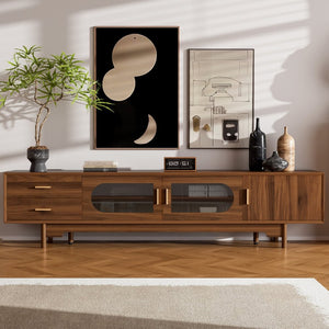 English Elm 78Inch Walnut Entertainment Center with Fluted Glass Doors Solid Wood Legs and Drawers N710P446252P