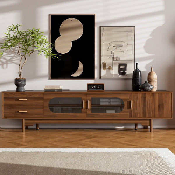 English Elm 78Inch Walnut Entertainment Center with Fluted Glass Doors Solid Wood Legs and Drawers N710P446252P