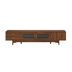English Elm 78Inch Walnut Entertainment Center with Fluted Glass Doors Solid Wood Legs and Drawers N710P446252P