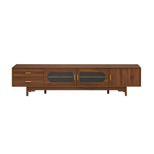 English Elm 78Inch Walnut Entertainment Center with Fluted Glass Doors Solid Wood Legs and Drawers N710P446252P