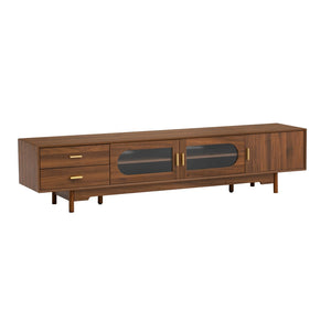 English Elm 78Inch Walnut Entertainment Center with Fluted Glass Doors Solid Wood Legs and Drawers N710P446252P