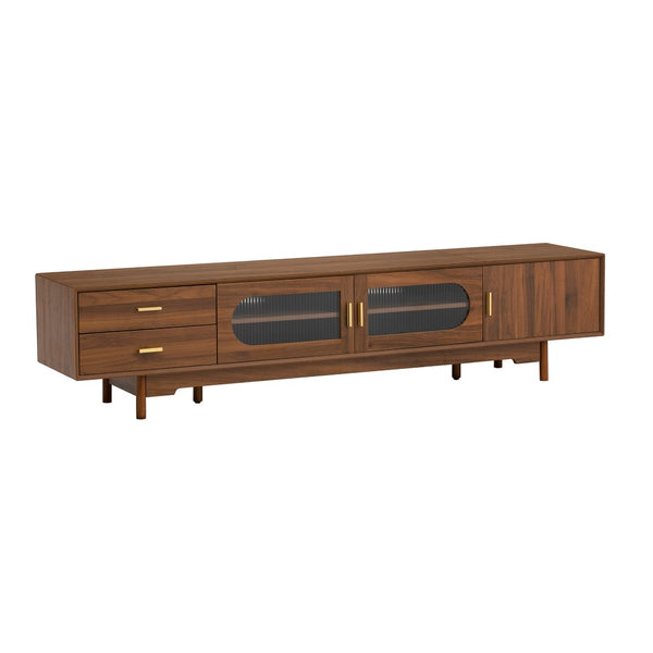 English Elm 78Inch Walnut Entertainment Center with Fluted Glass Doors Solid Wood Legs and Drawers N710P446252P