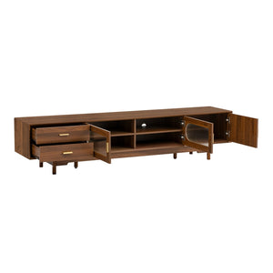 English Elm 78Inch Walnut Entertainment Center with Fluted Glass Doors Solid Wood Legs and Drawers N710P446252P