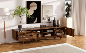 English Elm 78Inch Walnut Entertainment Center with Fluted Glass Doors Solid Wood Legs and Drawers N710P446252P