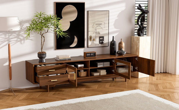 English Elm 78Inch Walnut Entertainment Center with Fluted Glass Doors Solid Wood Legs and Drawers N710P446252P