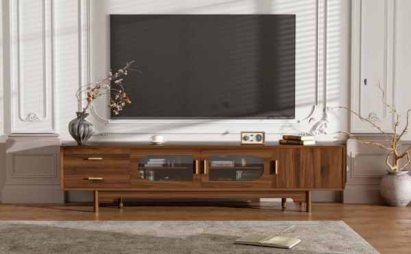 English Elm 78Inch Walnut Entertainment Center with Fluted Glass Doors Solid Wood Legs and Drawers N710P446252P