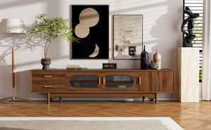 English Elm 78Inch Walnut Entertainment Center with Fluted Glass Doors Solid Wood Legs and Drawers N710P446252P