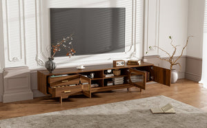 English Elm 78Inch Walnut Entertainment Center with Fluted Glass Doors Solid Wood Legs and Drawers N710P446252P