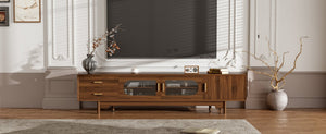 English Elm 78Inch Walnut Entertainment Center with Fluted Glass Doors Solid Wood Legs and Drawers N710P446252P