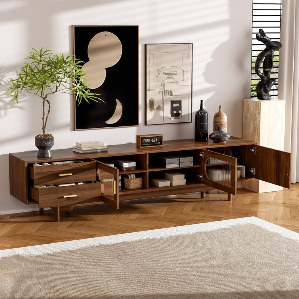 English Elm 78Inch Walnut Entertainment Center with Fluted Glass Doors Solid Wood Legs and Drawers N710P446252P