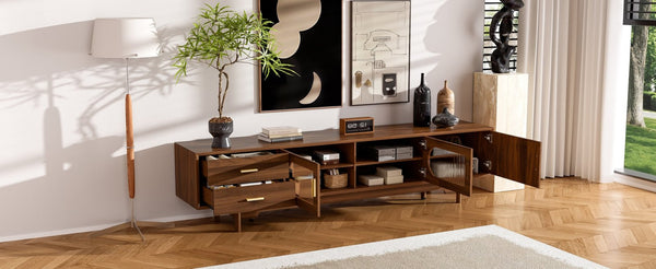 English Elm 78Inch Walnut Entertainment Center with Fluted Glass Doors Solid Wood Legs and Drawers N710P446252P