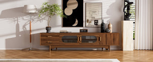 English Elm 78Inch Walnut Entertainment Center with Fluted Glass Doors Solid Wood Legs and Drawers N710P446252P