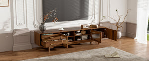 English Elm 78Inch Walnut Entertainment Center with Fluted Glass Doors Solid Wood Legs and Drawers N710P446252P