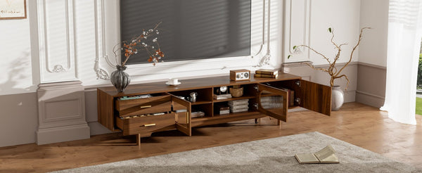 English Elm 78Inch Walnut Entertainment Center with Fluted Glass Doors Solid Wood Legs and Drawers N710P446252P