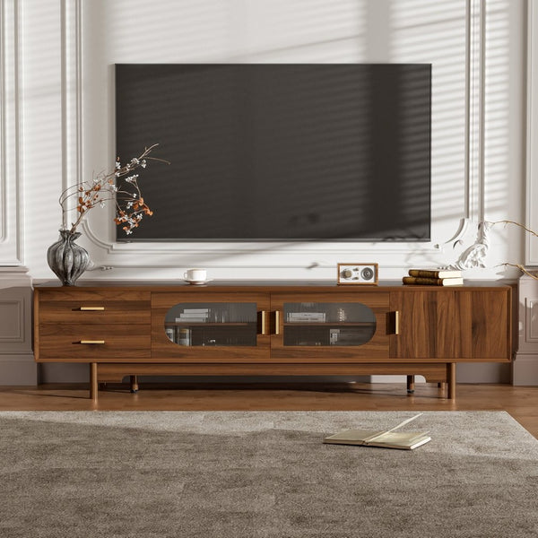 English Elm 78Inch Walnut Entertainment Center with Fluted Glass Doors Solid Wood Legs and Drawers N710P446252P