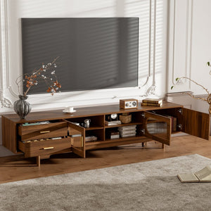English Elm 78Inch Walnut Entertainment Center with Fluted Glass Doors Solid Wood Legs and Drawers N710P446252P