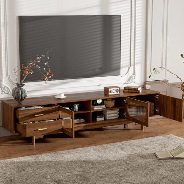 English Elm 78Inch Walnut Entertainment Center with Fluted Glass Doors Solid Wood Legs and Drawers N710P446252P