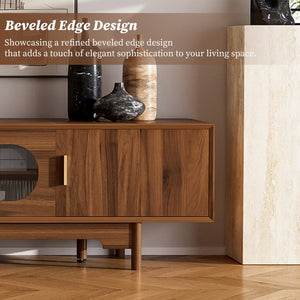 English Elm 78Inch Walnut Entertainment Center with Fluted Glass Doors Solid Wood Legs and Drawers N710P446252P