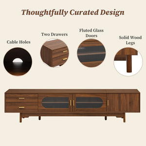 English Elm 78Inch Walnut Entertainment Center with Fluted Glass Doors Solid Wood Legs and Drawers N710P446252P