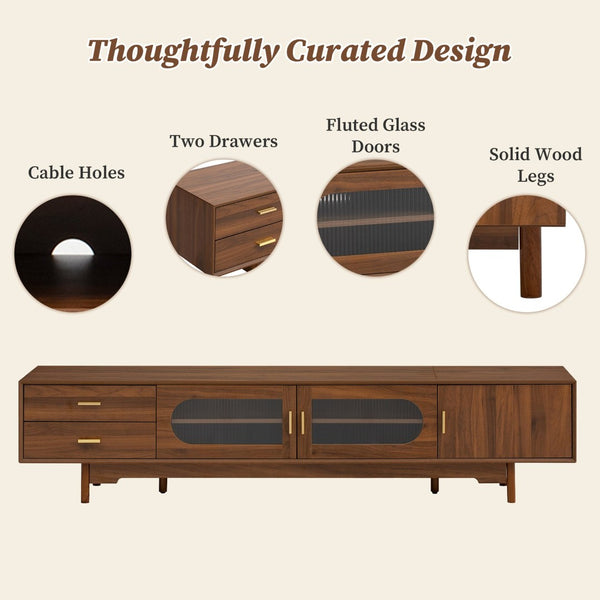 English Elm 78Inch Walnut Entertainment Center with Fluted Glass Doors Solid Wood Legs and Drawers N710P446252P
