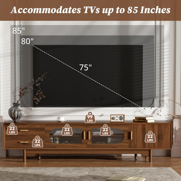 English Elm 78Inch Walnut Entertainment Center with Fluted Glass Doors Solid Wood Legs and Drawers N710P446252P