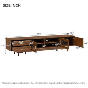 English Elm 78Inch Walnut Entertainment Center with Fluted Glass Doors Solid Wood Legs and Drawers N710P446252P