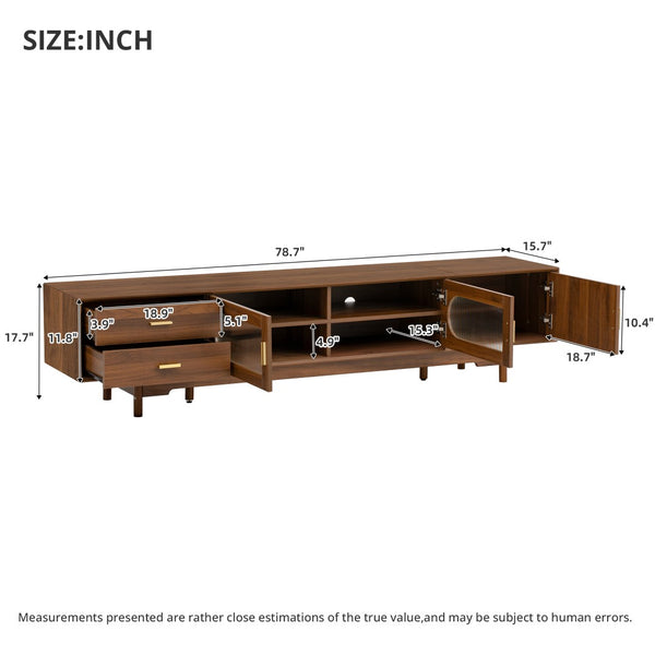 English Elm 78Inch Walnut Entertainment Center with Fluted Glass Doors Solid Wood Legs and Drawers N710P446252P