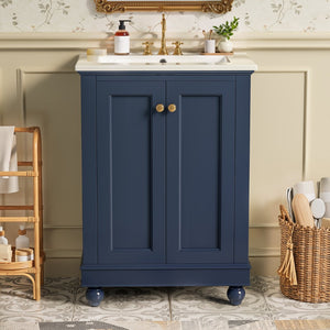 English Elm 24 Inch Bathroom Vanity with Ceramic Sink Carved Legs Soft Close Cabinet Storage Blue N710P446524C