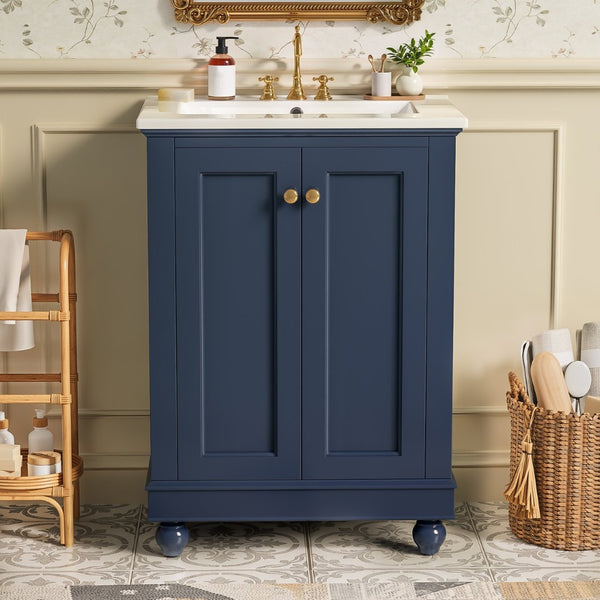 English Elm 24 Inch Bathroom Vanity with Ceramic Sink Carved Legs Soft Close Cabinet Storage Blue N710P446524C