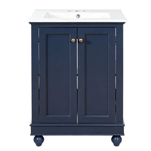 English Elm 24 Inch Bathroom Vanity with Ceramic Sink Carved Legs Soft Close Cabinet Storage Blue N710P446524C