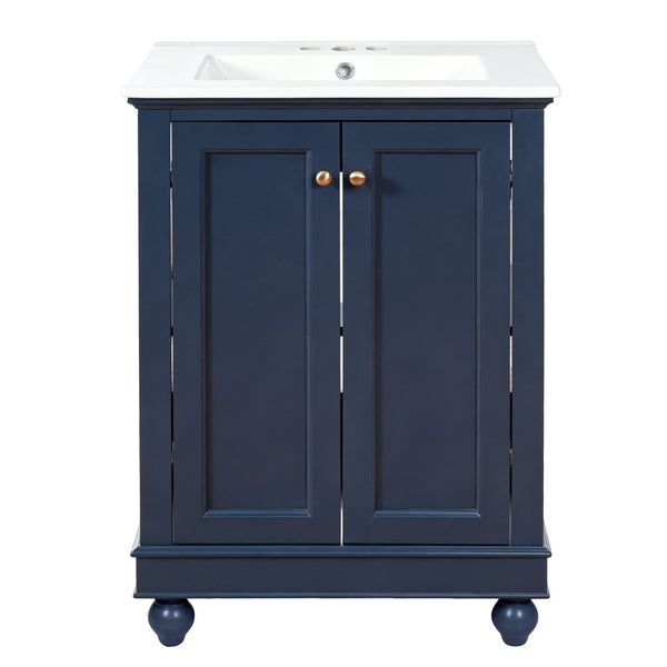 English Elm 24 Inch Bathroom Vanity with Ceramic Sink Carved Legs Soft Close Cabinet Storage Blue N710P446524C