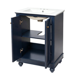 English Elm 24 Inch Bathroom Vanity with Ceramic Sink Carved Legs Soft Close Cabinet Storage Blue N710P446524C