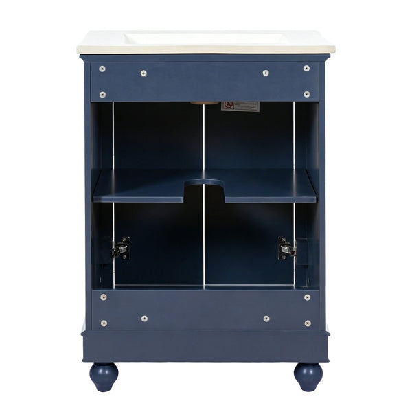 English Elm 24 Inch Bathroom Vanity with Ceramic Sink Carved Legs Soft Close Cabinet Storage Blue N710P446524C