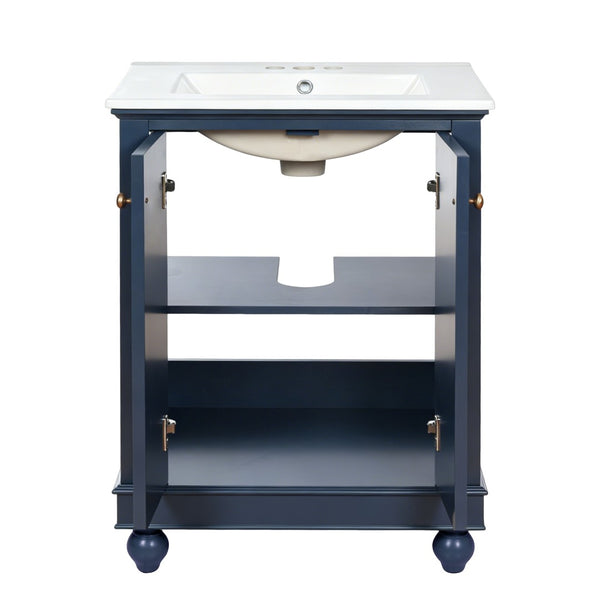 English Elm 24 Inch Bathroom Vanity with Ceramic Sink Carved Legs Soft Close Cabinet Storage Blue N710P446524C