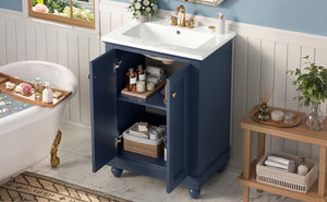 English Elm 24 Inch Bathroom Vanity with Ceramic Sink Carved Legs Soft Close Cabinet Storage Blue N710P446524C