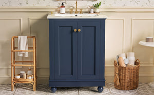 English Elm 24 Inch Bathroom Vanity with Ceramic Sink Carved Legs Soft Close Cabinet Storage Blue N710P446524C